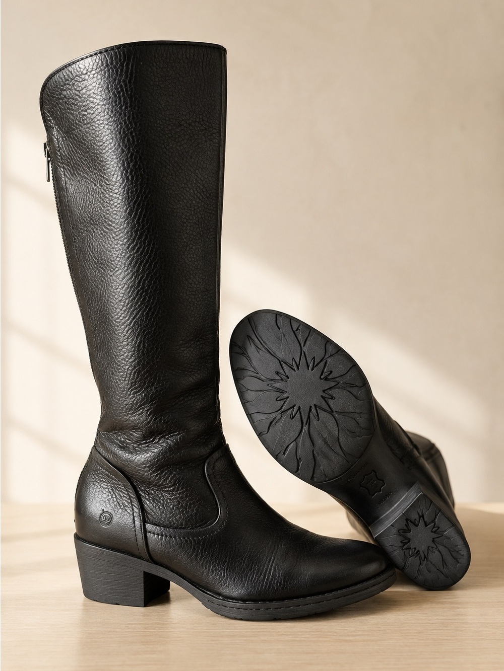 Born Women’s Black Leather Knee High Boots Size 7 / 38 Zip Block Heel Western